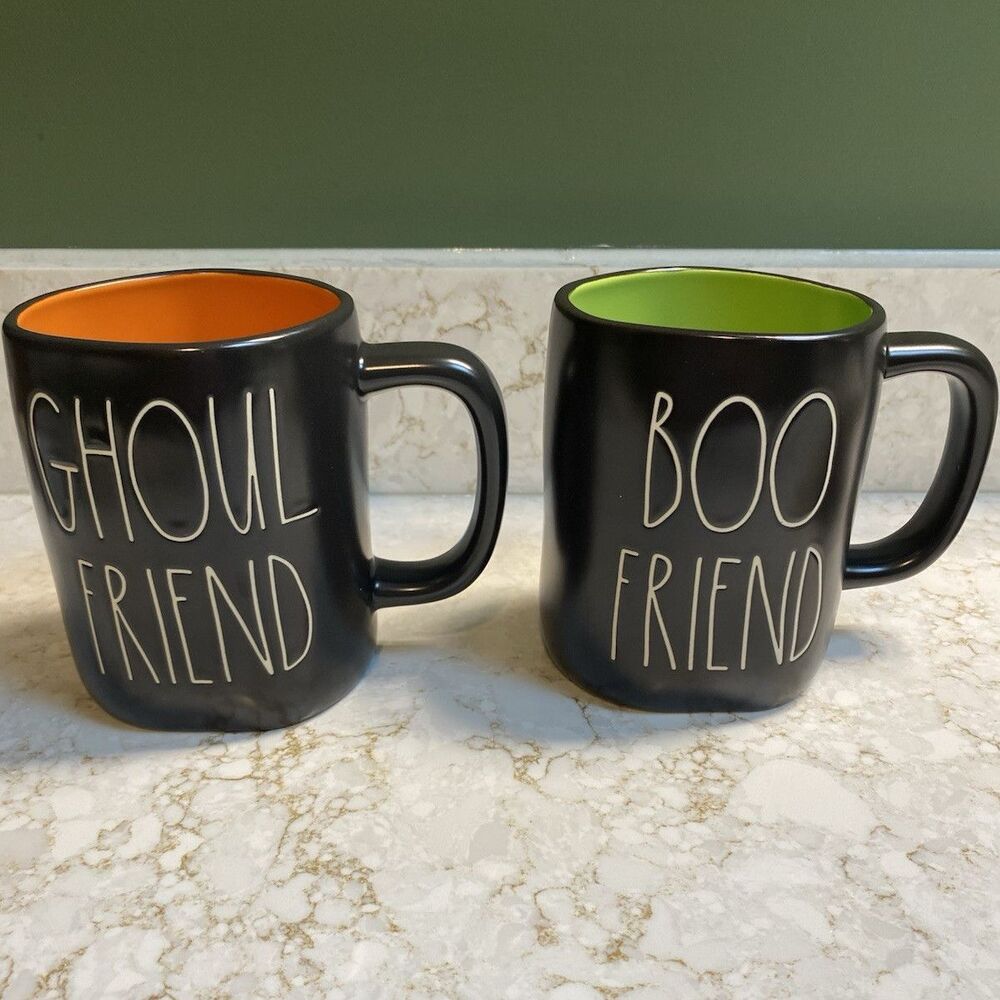 Rae Dunn BOO FRIEND & GHOUL FRIEND Ceramic Coffee Mug Set 16 oz Black 2pc